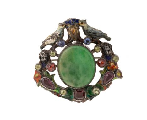 modelled with two enamelled birds and coloured gem stones, around a green agate oval panel   Item is unmarked white metal, po