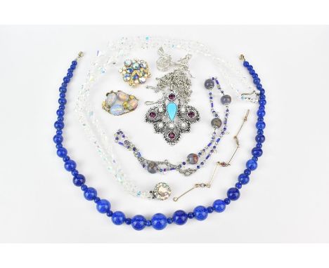 Costume jewellery, including a pair of green stone earrings, enamel beetle brooch, enamel shell brooch, blue enamel flower br