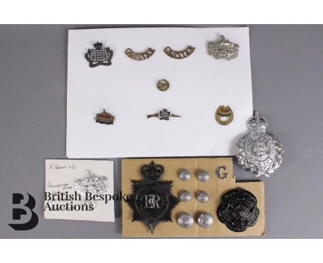 Collection of Police badges from Gloucestershire, including mounted Gloucestershire Constabulary helmet badges and buttons,  