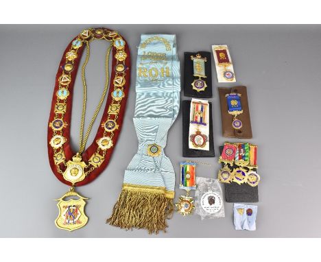 Royal Antediluvian&nbsp;Order of the Buffalo paraphernalia, including a red velvet Order of Merit sash, including twenty one 