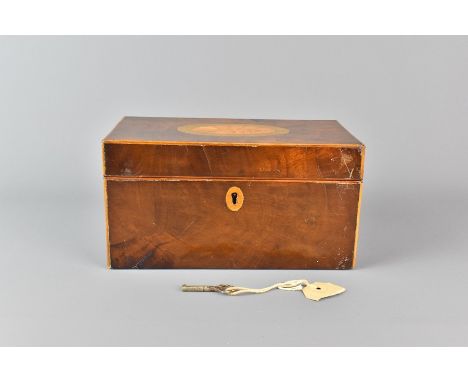 English 19th century mahogany tea caddy, with decorative shell motif to the lid, compartments for green and black tea, approx