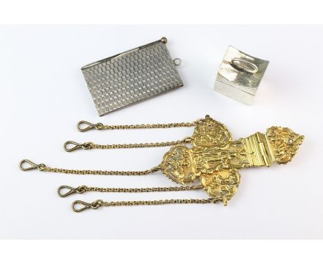 19th century gilded chatelaine, engraved 1840, embossed with figures, hinged loop with five suspension chains approx 10 x 7 c