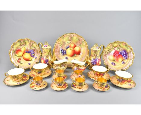 Royal Worcester "Fallen Fruit" comprising of two coffee pots with lids, four milk jugs, twelve tea cups, twelve tea saucers, 