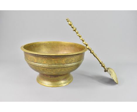 Indonesian brass offering bowl, engraved with a geometric design on footed base, approx 27.5 x 15.5 cms together with an 18th