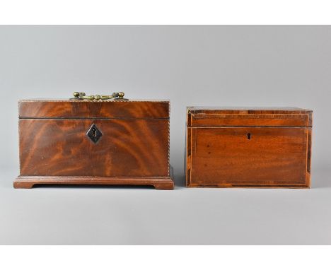 Georgian mahogany tea caddy, approx 24 x 13.5 x 15 cms with decorative cross banding; the second is a Georgian mahogany tea c