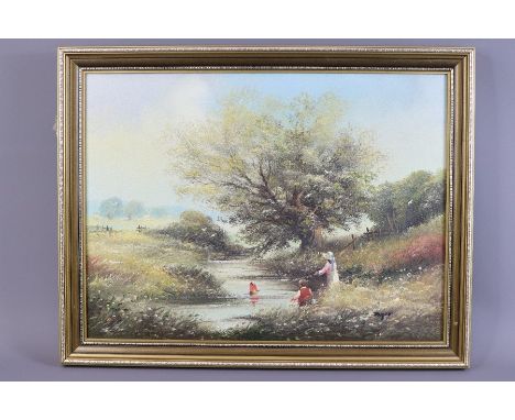 Ted Dyer b.1940 Oil on Canvas, depicting Children playing by a Stream, signed lower right Dyer, approx 40 w x 30 h cms, frame
