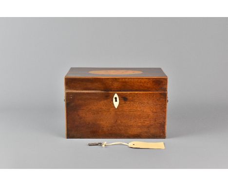 English 19th century mahogany tea caddy, with decorative shell motif to the lid, lion mask handles, compartments for green an