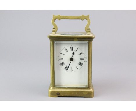 20th century French R &amp; Co brass carriage clock, white enamel face with Roman dial, glass panels, approx 11 x 8 x 6.5 cms