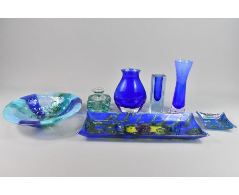 Seven coloured glass items, including a green glass ink well approx 8 x 7.5 cms, Caithness narrow blue vase approx 18.5 x 5 c