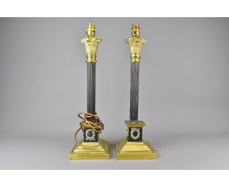 Pair of brass and bronze lamp stands, cast as Corinthian column, approx 49 cms h.&nbsp;