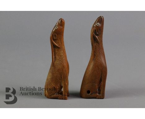 19th century finely carved netsuke, both graceful figures carved as braying deer, with horn eyes, approx 60 mm in length, sig