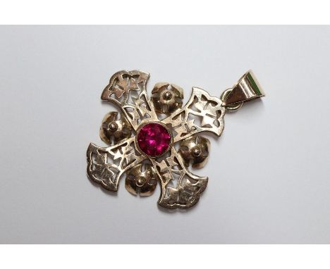 9ct rose gold and synthetic ruby cross pendant, approx 35 mm, approx 3 gms.&nbsp;