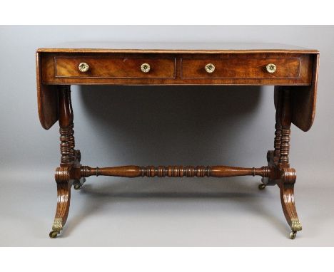 Good quality 19th century mahogany drop leaf sofa table. The table having two drawers and opposing dummy drawers with circula