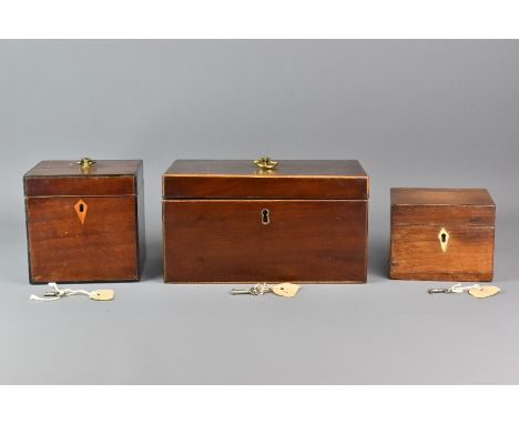 Mahogany and rosewood tea caddy, the first with blonde box-stringing approx 24 x 14 x 13 cms; the second mahogany with black 