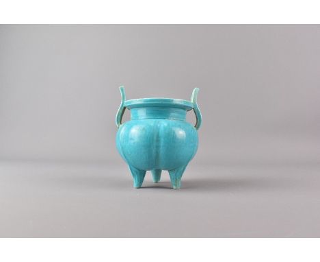Chinese 19th century turquoise ceramic censer, approx 8 x 9 cms h, melon form on three feet.&nbsp;