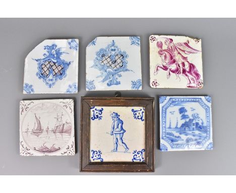 Quantity of 19th century ceramic tiles, including two blue and white armorial tiles (af), two tiles painted with landscape an