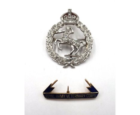 A diamond set and enamelled military brooch badge, designed as the badge of The Royal Army Veterinary Corps (the blue enamell