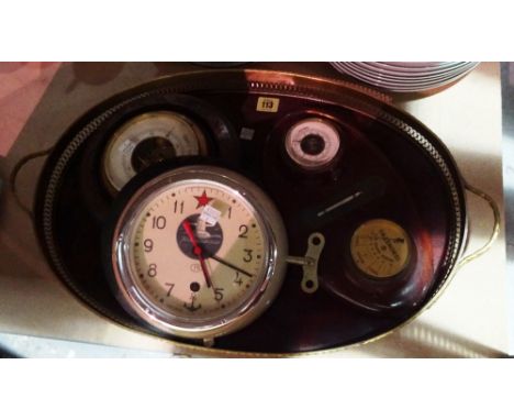 Collectables,including; a 20th century wall mounted mahogany weather station, a French aneroid barometer, an oval mahogany tr