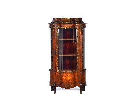 A late 19th century French gilt metal mounted marquetry inlaid rosewood display cabinet, the stepped caddy top over glazed se