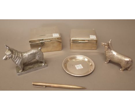 Silver and silver mounted wares, comprising; two rectangular table cigarette boxes, both wooden lined within, a circular trin