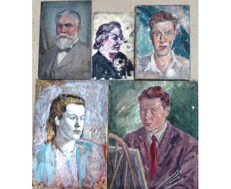 English School (20th century), A group of five portrait studies, two oil on canvas, two oil on canvasboard, one on board, all