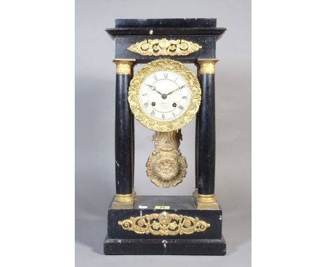 A French ebonised Portico mantel clock, late 19th century, ormolu mounted, the silvered dial detailed 'J. CHARLES A PARIS', w