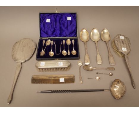 Silver and silver mounted wares, comprising; a pair of fiddle pattern table spoons, London 1820, another fiddle pattern table