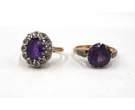 A 9ct gold, amethyst and diamond set oval cluster ring, claw set with the oval cut amethyst in a surround of circular cut dia