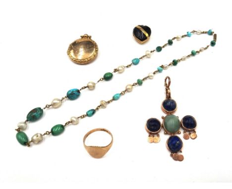 A turquoise and baroque cultured pearl single row graduated necklace, a 9ct gold circular pendant locket, inscribed to the fr