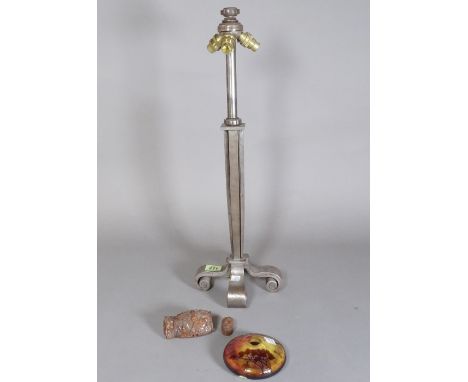Collectables, including; a table lamp, an inkwell signed Marc and a carved treen snuff box, (a.f). 