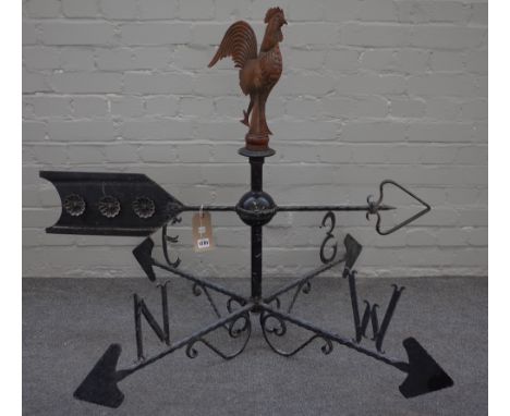 A late 20th century Continental wrought iron weather vane, with copper coloured cockerel finial and chamfered square rods, 92