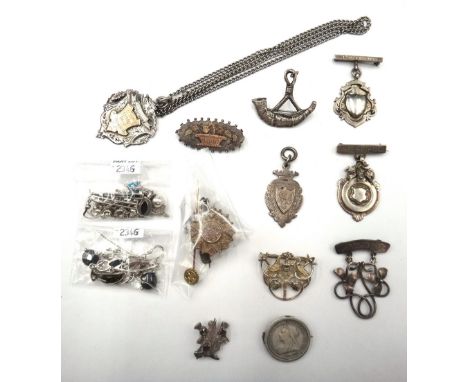 Two gold mounted brooches, a diamond and blue gem set stick pin and mostly silver jewellery, including six brooches, five fob