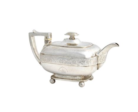 A George III silver three piece tea set, comprising; a teapot, a twin handled sugar bowl and a milk jug, each piece of curved