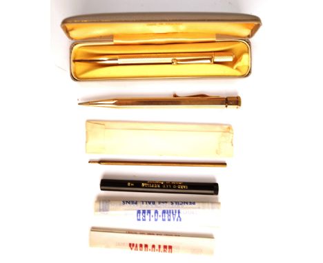 A 9ct gold cased propelling pencil with engine turned decoration, detailed 1909 W 1959, a YARD.O.LED case, paperwork and refi