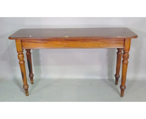 A 19th century mahogany side table on ring turned supports, 137cm, wide x 80cm high. 