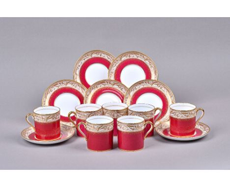 A set of seven Spode bone china claret ground coffee cups and saucers; property from the collection of H.R.H Princess Margare