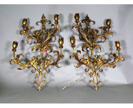 A pair of 20th century acanthus moulded four light wall lights, 76cm high. 