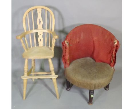 A Victorian mahogany framed corner chair on ring turned tapering supports, (a.f) and a 20th century pine stick back child's o