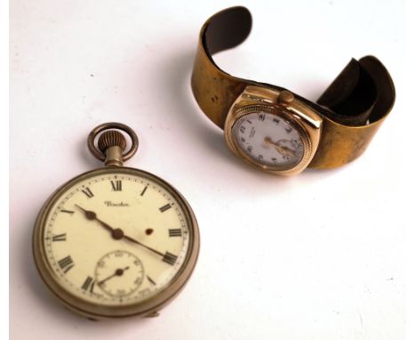 A J.W. Benson, London gold cushion shape cased wristwatch, later fitted to a brass bangle, the signed enamelled dial with bla