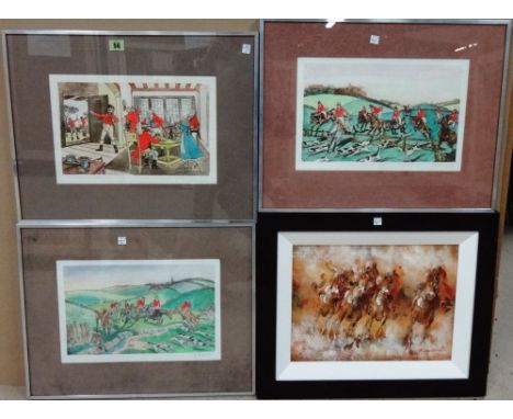 W. Honeywell (20th century), Hunting scenes, three hand coloured prints, signed in pencil, together with an acrylic painting 