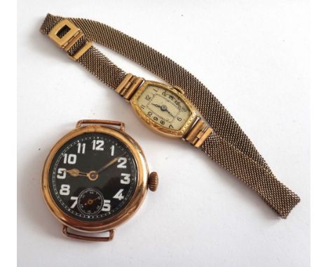 A 9ct gold circular cased wristwatch, with an unsigned jewelled movement, the black enamelled dial with white enamelled Arabi
