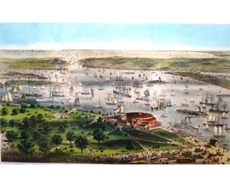 After Parsons & Atwater, The Port of New York, lithograph published by Currier & Ives, with hand colouring, 58cm x 84cm.