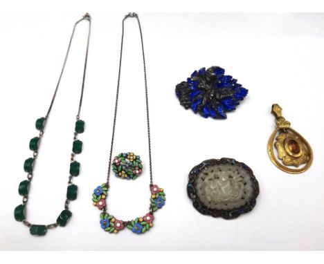 A vary coloured enamel brooch and a vary coloured enamel and marcasite set necklace, each in a floral design, probably by Ber