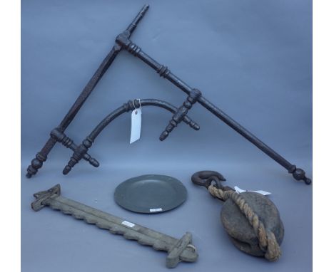 A quantity of collectables, comprising; an unusual wrought iron Sussex pipe kiln, circa 1780 with loop handles 32cm wide, an 