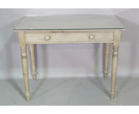 A 19th century grey painted single drawer side table on ring turned supports, 90cm wide x 68cm high. 