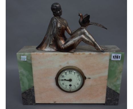 An Art Deco figural mounted marble mounted clock with central enamel dial (36cm high), a French brass cased carriage clock st