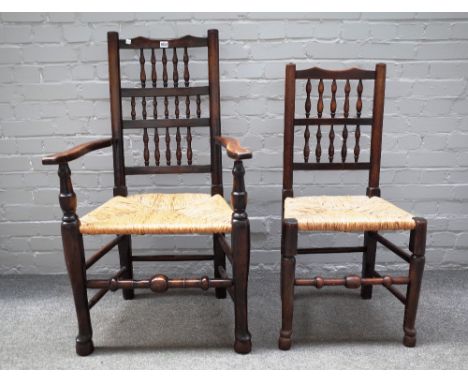 A matched set of eight Lancashire ash framed bobbin back dining chairs on turned supports, to include a pair of carvers, (8).