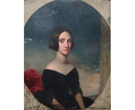 English School (19th century), Portrait of a young lady, oil on canvas, in a painted oval, unframed, 45cm x 38cm.