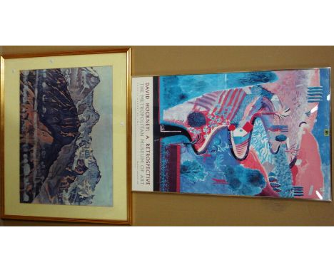 A group of three poster prints, including two after David Hockney and one after Jasper Johns, together with a reproduction pr