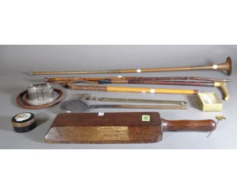 Collectables, including; a small carved oak cricket style bat or paddle, whip, walking cane, hunting horn and sundry, (qty). 